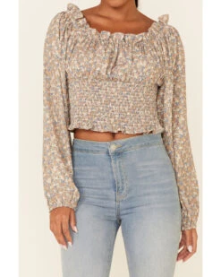 Beyond The Radar Women's Ditsy Smocked Long Sleeve Peasant Crop Top  -Western Cowboy Clothing Shop 2000343880 200 P3