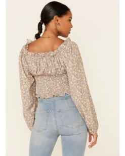 Beyond The Radar Women's Ditsy Smocked Long Sleeve Peasant Crop Top  -Western Cowboy Clothing Shop 2000343880 200 P4