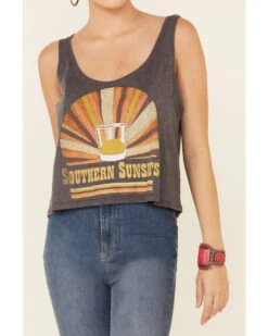 Goodie Two Sleeves Women's Charcoal Southern Sunsets Graphic Crop Tank Top -Western Cowboy Clothing Shop 2000343919 022 P3