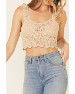 Very J Women's Natural Ruffle Strap Sweater-Knit Crop Tank Top   -Western Cowboy Clothing Shop 2000349813 101 P3