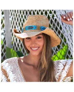 Nikki Beach Women's Natural Mazatlan Crochet Raffia Straw Western Hat  -Western Cowboy Clothing Shop 2000352520 101 P3