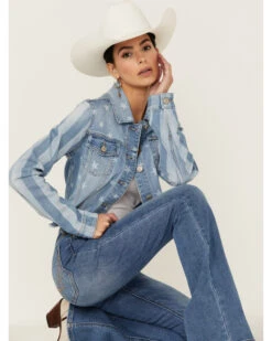 Shyanne Women's Stars & Stripes Print Cropped Frayed Hem Denim Jacket