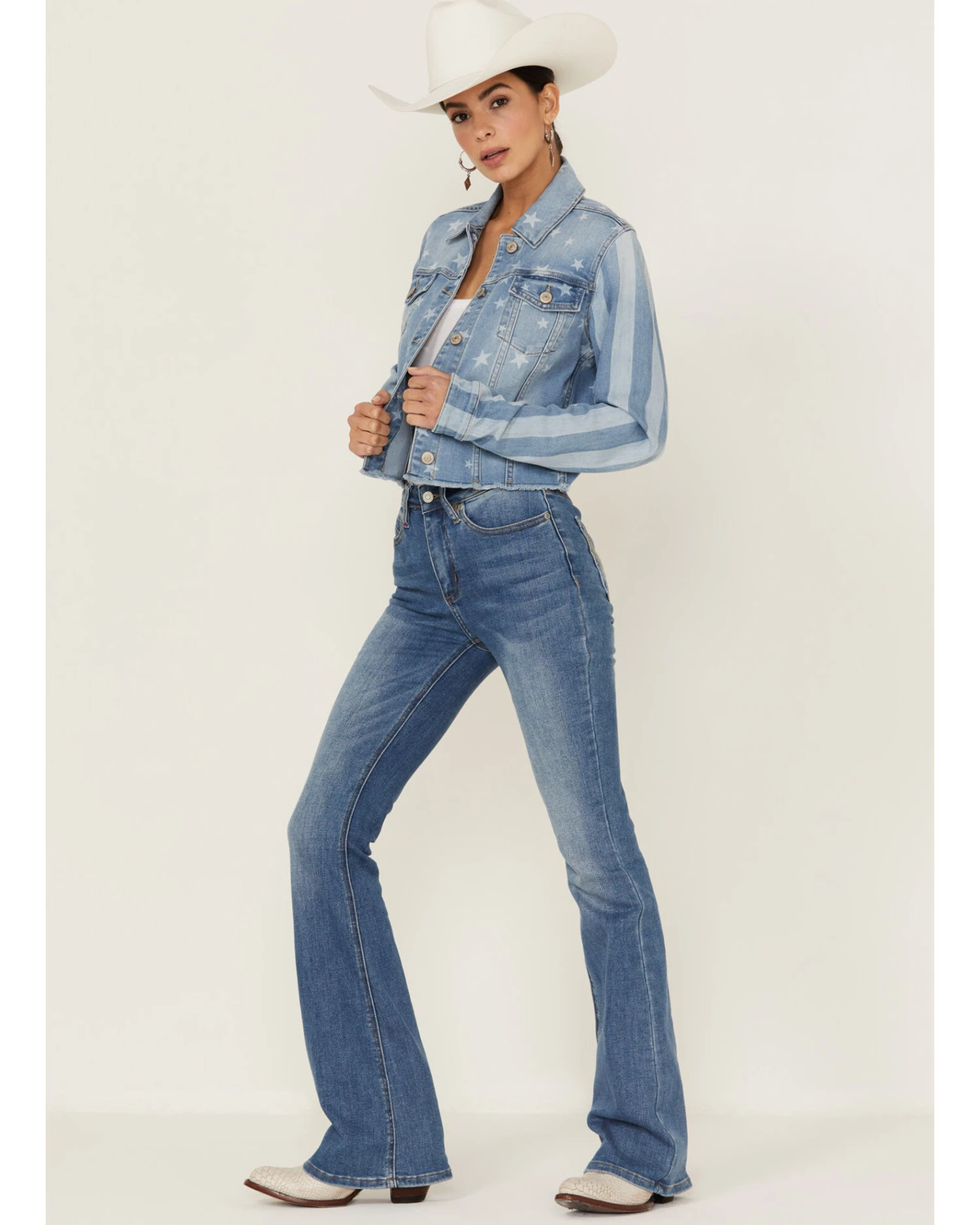 Shyanne Women's Stars & Stripes Print Cropped Frayed Hem Denim Jacket 4 Shyanne Women's Stars & Stripes Print Cropped Frayed Hem Denim Jacket - Image 4