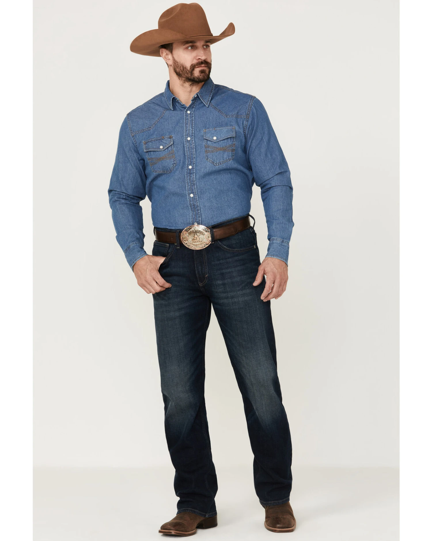 Blue Ranchwear Men's Long Sleeve Pearl Snap Heavy Western Denim Shirt 3 Blue Ranchwear Men's Long Sleeve Pearl Snap Heavy Western Denim Shirt - Image 3