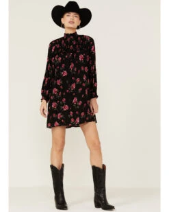 Angie Women's Navy Long Sleeve Smocked Floral Border Mini Dress