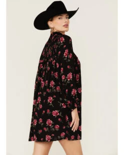 Angie Women's Navy Long Sleeve Smocked Floral Border Mini Dress -Western Cowboy Clothing Shop 2000365405 410 P3