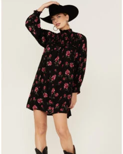 Angie Women's Navy Long Sleeve Smocked Floral Border Mini Dress -Western Cowboy Clothing Shop 2000365405 410 P4