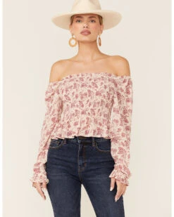 Beyond The Radar Women's Floral White Smocked Chiffon Off Shoulder Top