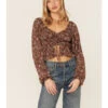 Wild Moss Long Sleeve Tie Front Ranched Floral Top