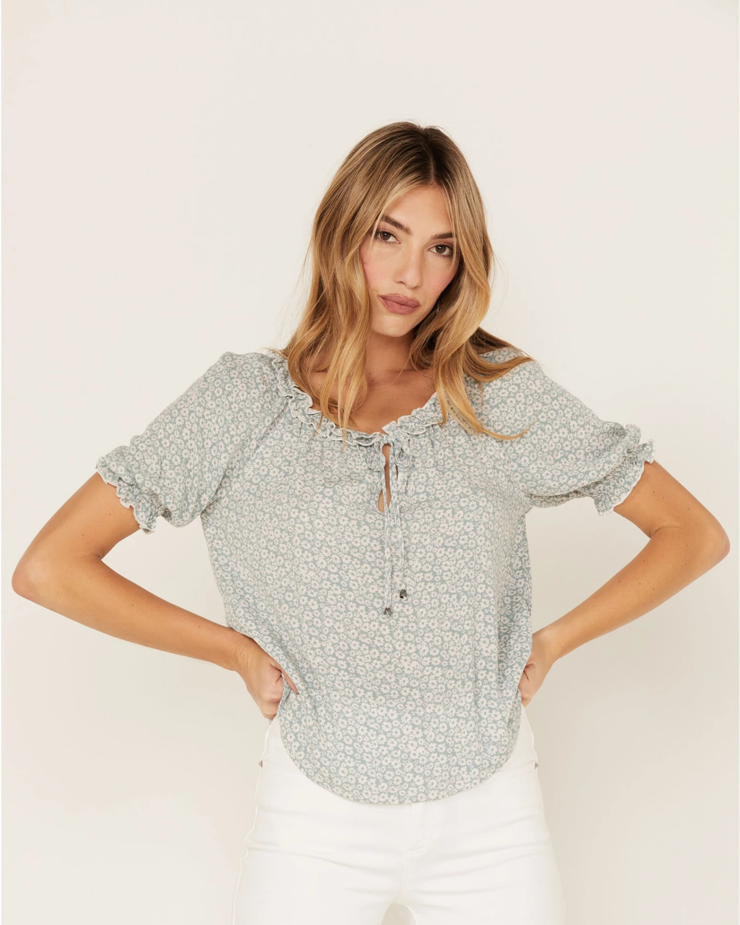 Jolt Women's Ditsy Floral Print Short Puff Sleeve Ruffle Shirt 1 Jolt Women's Ditsy Floral Print Short Puff Sleeve Ruffle Shirt