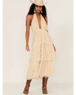 Flying Tomato Women's Floral Lace Halter Tiered Midi Dress