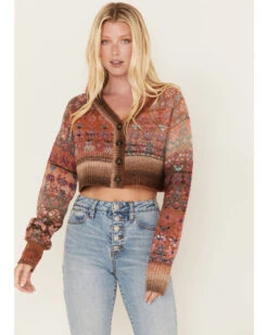 Cleo + Wolf Women's Geo Pattern Knit Cropped Cardigan