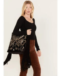 Shyanne Women's Velvet Embroidered Beaded & Fringe Tote Handbag