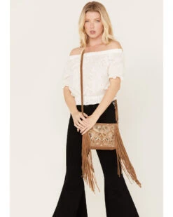 Shyanne Women's Light Brown Velvet Embroidered Crossbody Handbag