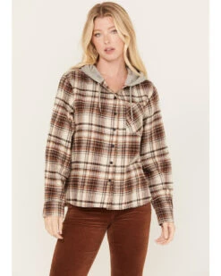 Cleo + Wolf Women's Tau Plaid Print Hooded Flannel Long Sleeve Shirt