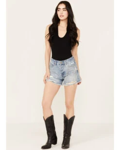 Rock & Roll Denim Women's Light Wash Mid Rise Chain Fringe Denim Shorts