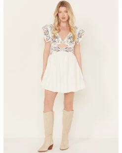 Free People Women's Rambling Roads Mini Short Sleeve Embroidered Dress