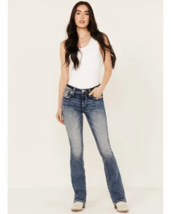 Miss Me Women's Dark Wash Mid Rise Americana Border Stretch Bootcut Jeans -Western Cowboy Clothing Shop 2000388614 401 P3