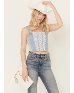 POL Women's Medium Wash Denim Floral Print Sleeveless Corset Tank