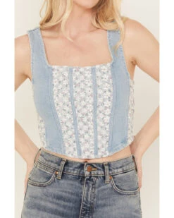 POL Women's Medium Wash Denim Floral Print Sleeveless Corset Tank -Western Cowboy Clothing Shop 2000393559 414 P3