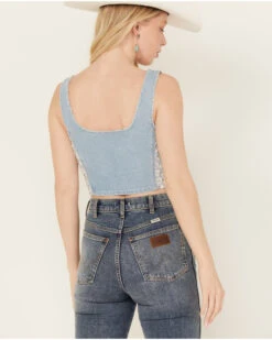 POL Women's Medium Wash Denim Floral Print Sleeveless Corset Tank -Western Cowboy Clothing Shop 2000393559 414 P4